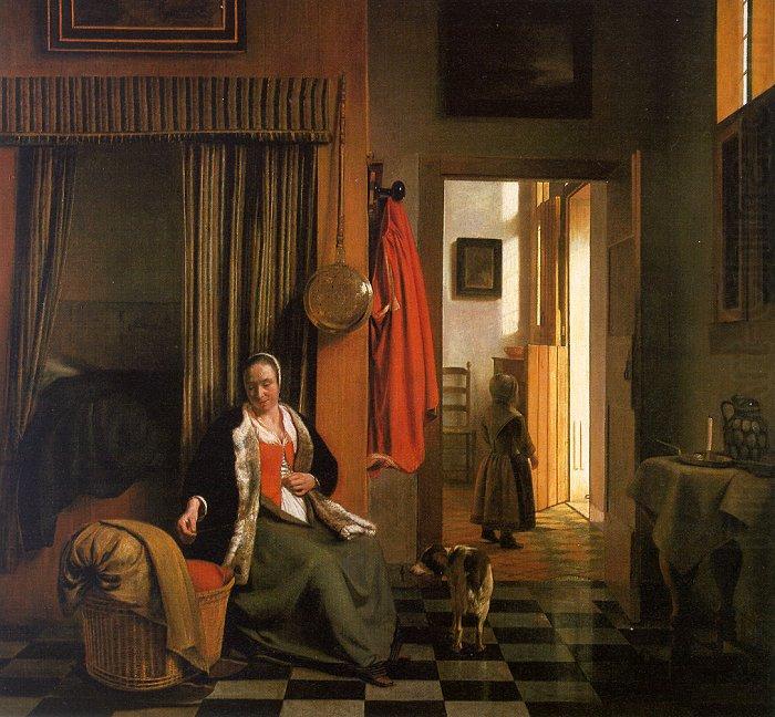 Mother Lacing her Bodice Beside a Cradle, Pieter de Hooch